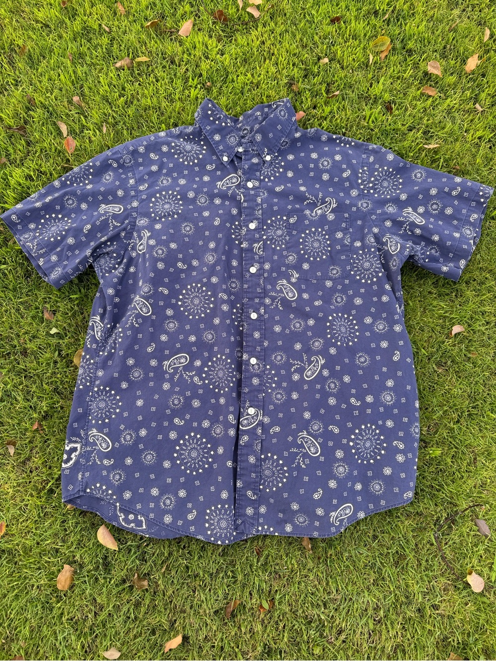Vintage Ralph Lauren Blue Paisley Bandana Print Short Sleeve Button Down XL GUC